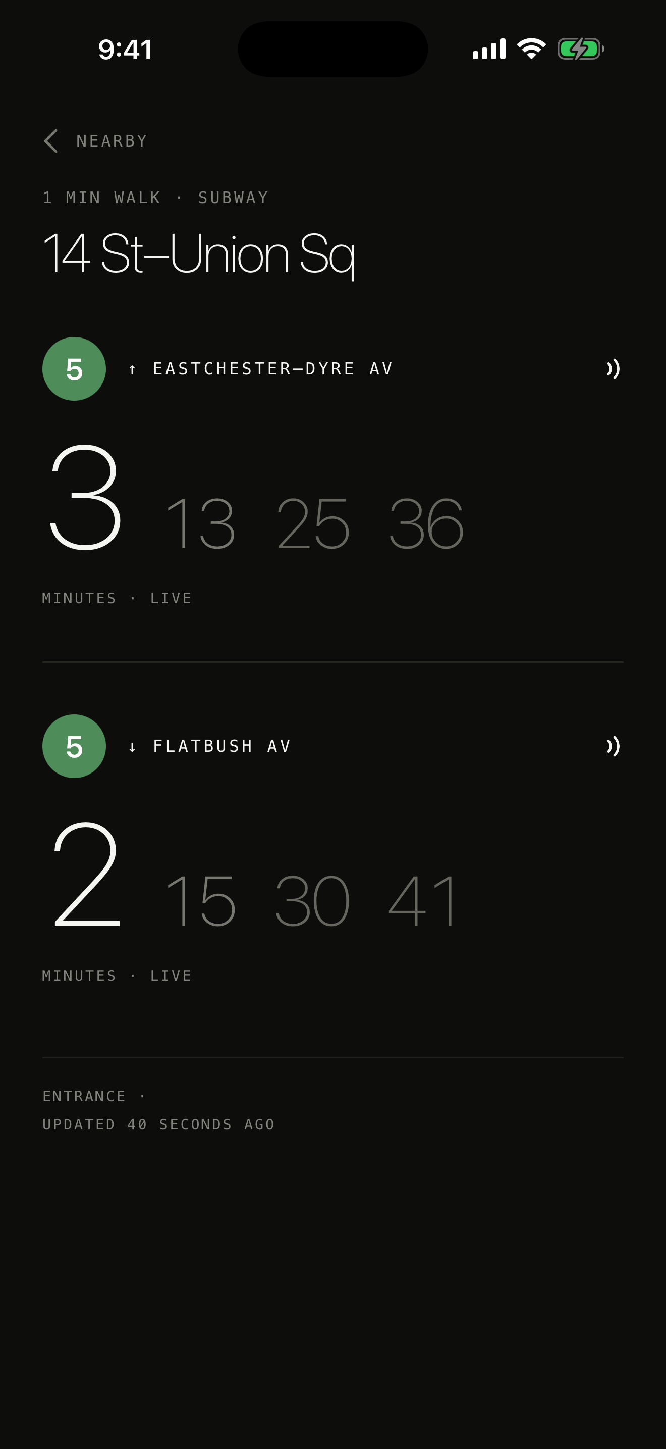 One line in detail: the 5 to Eastchester–Dyre Av and to Flatbush Av, four departures each.