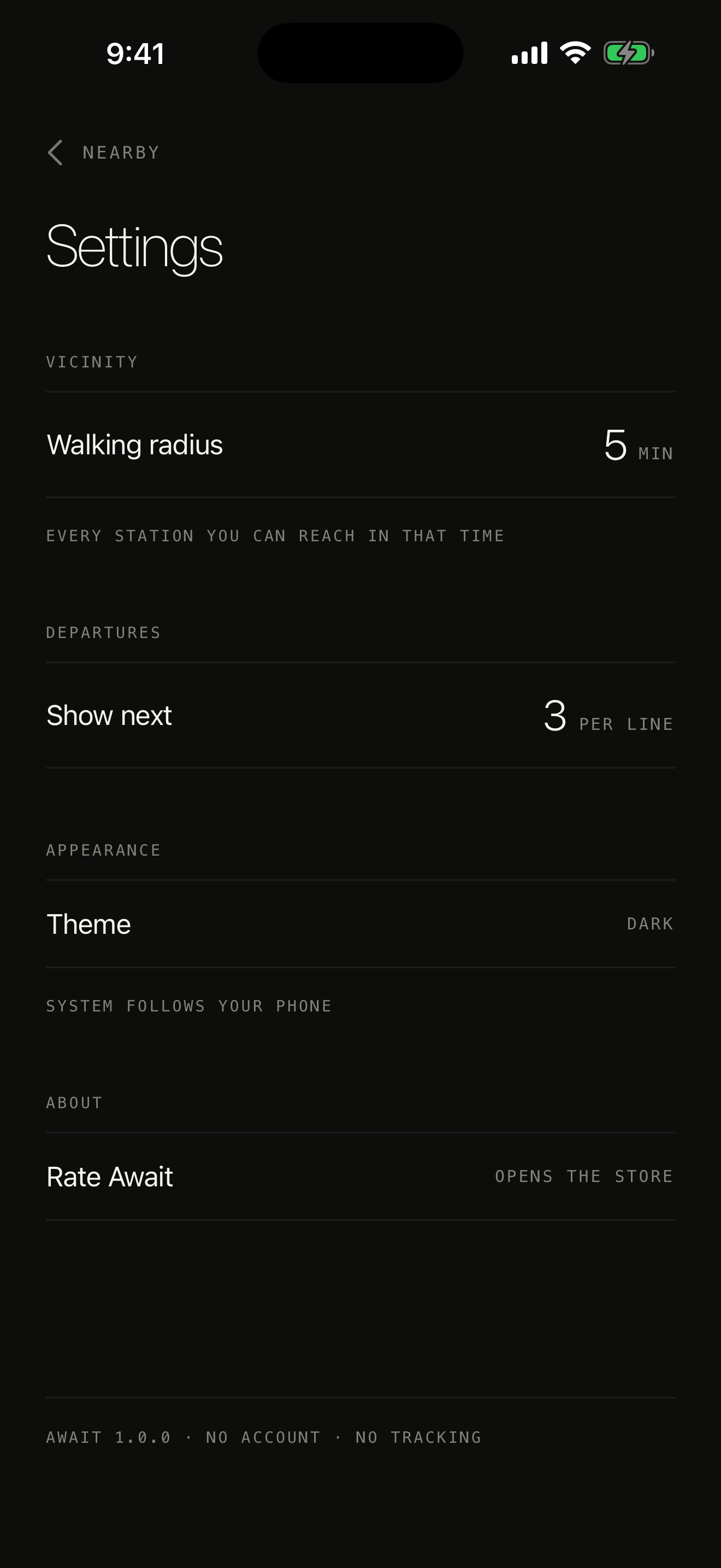 Settings: walking radius, departures per line, appearance.
